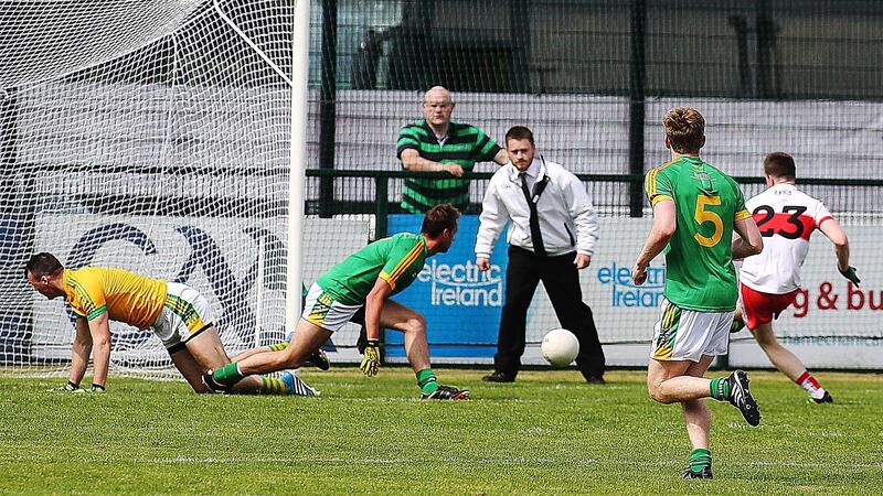 Niall Loughlin scores a late goal to give Derry the lead for the first time in the 67th minute of the All-Ireland SFC  Round 2A qualifier against Meath in Owenbeg. Photograph: Lorcan Doherty/Inpho/Presseye