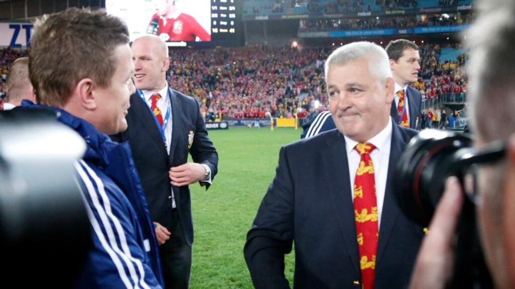 British and Irish Lion’s head coach Warren Gatland shakes hands with Brian O’Driscoll after winning the third Test against Australia in Sydney. Photograph: David Gray/Reuters
