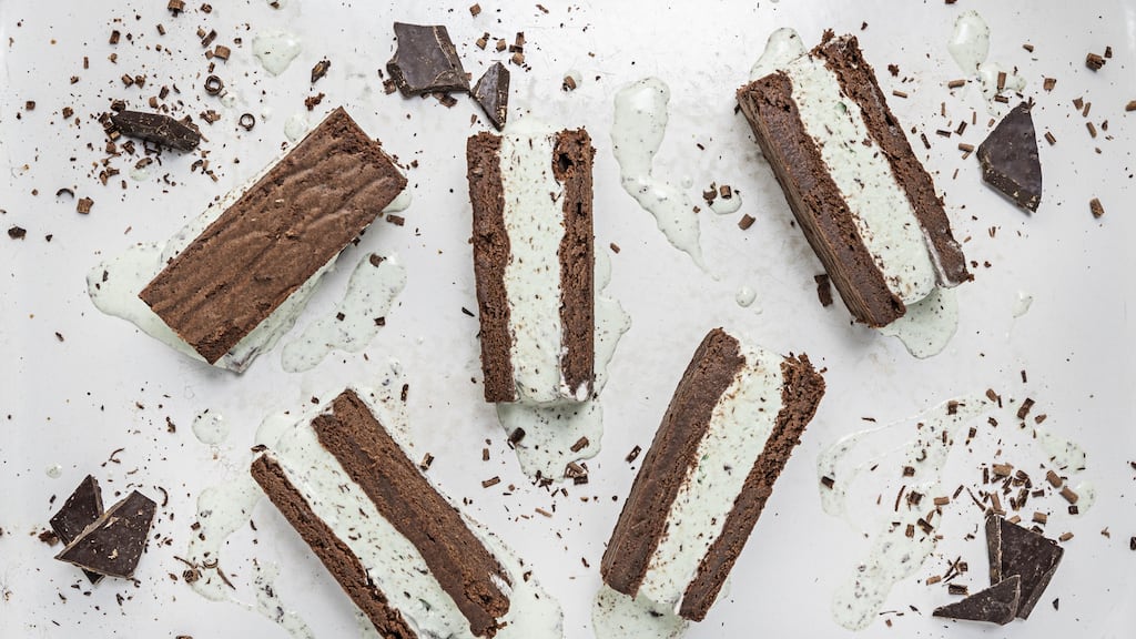Mint chocolate chip ice-cream sandwich bars