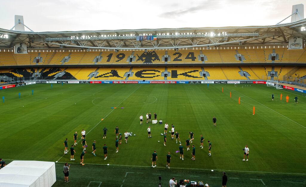 Ireland's players train at the new Opap Arena, where they will take on Greece on Friday night. Photograph: Ryan Byrne/Inpho