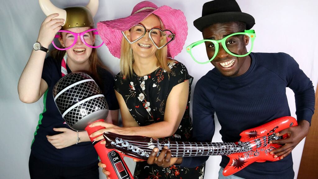 Aoife Duffy, Irish Girl Guides, Eric Ehigie Irish Second Level SU with Minister for European Affairs Helen McEntee (centre) at the NYCI showcase in the Mansion House, Dublin. Photograph: Marc O’Sullivan