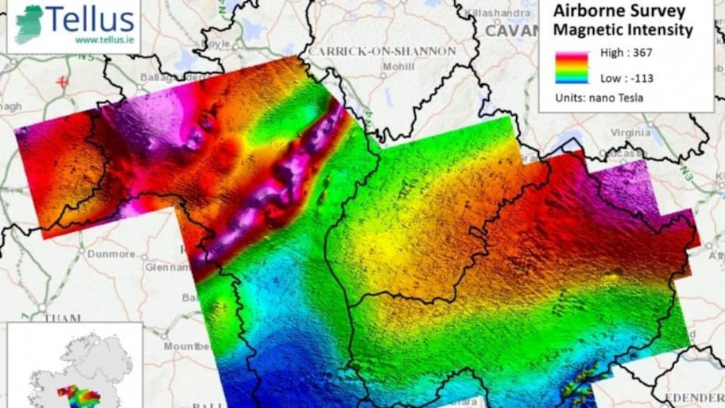 An image generated from the aircraft survey showing results of the airborne survey over counties Offaly, Kildare, Meath, rural Dublin and northern parts of Wicklow and Laois. Image: Tellus