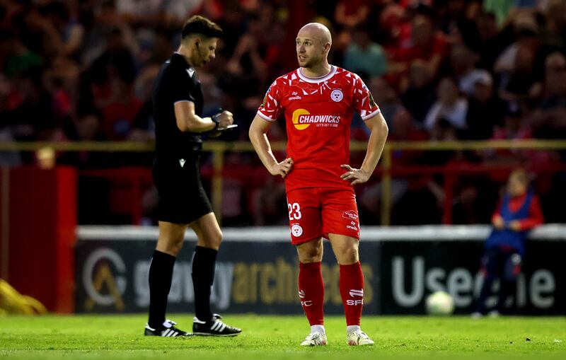 Shels’ Kerr McInroy dejected after Rijeka scored their second goal at Tola Park. Photograph: Ryan Byrne/Inpho