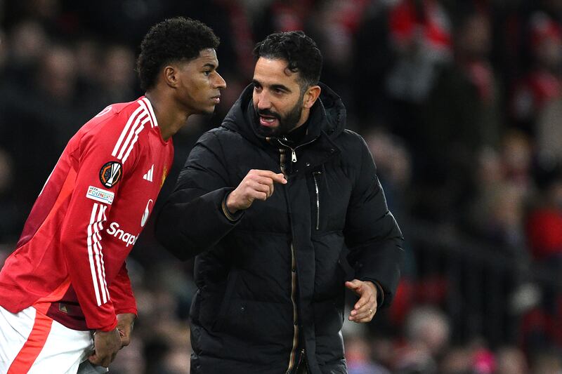 Manchester United head coach Ruben Amorim speaks to Marcus Rashford during the Uefa Europa League game against Bodo/Glimt at Old Trafford on November 28th. Photograph: Justin Setterfield/Getty Images