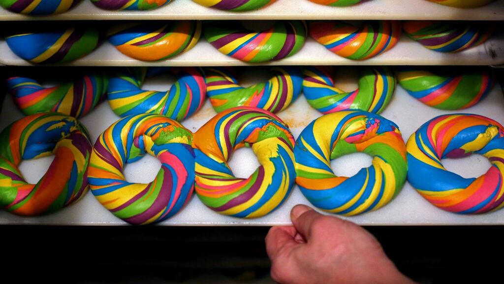 World of colour: a tray of baked Rainbow Bagels at The Bagel Store in Brooklyn. Photograph: Yana Paskova/The Washington Post via Getty Images