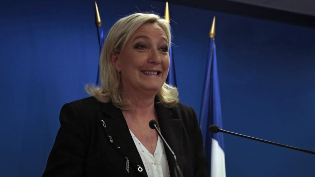 FN president Marine Le Pen gives a speech following the first round of local elections yesterday. Photograph: AFP Photo/Joel Saget