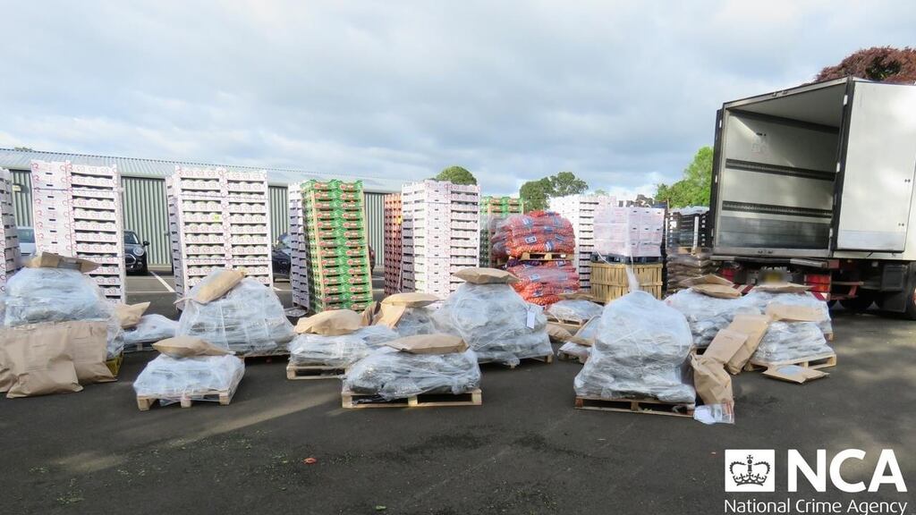 An estimated 600 kilos of herbal cannabis was recovered from among a cover load of vegetables from a lorry stopped in Templepatrick, Co Antrim in the early hours of Wednesday. Photograph: National Crime Agency/PA
