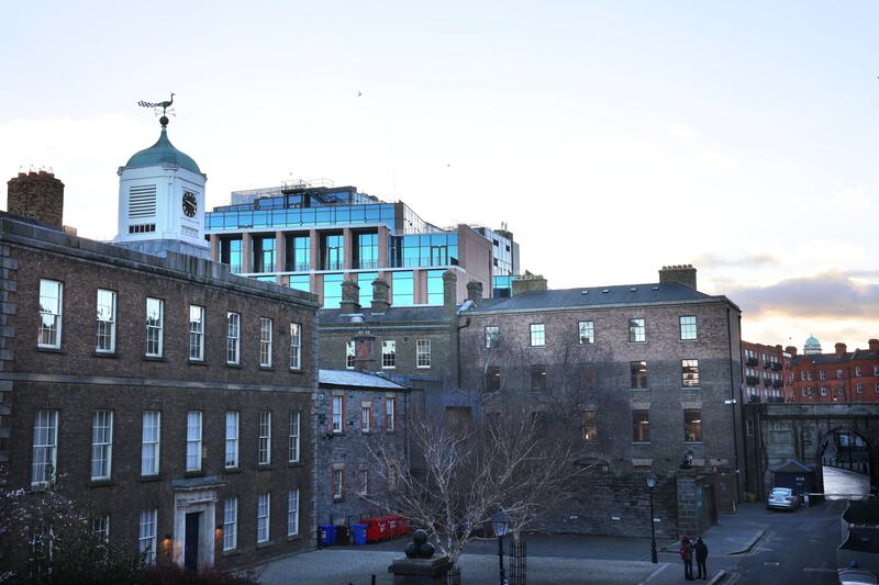 Dublin Castle: Dublin Royal Convention Centre rising behind Ship Street Gate and the clock tower. Photograph: Dara Mac Dónaill