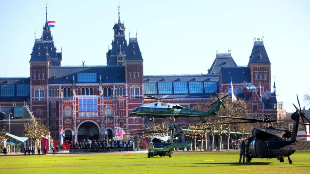 Marine One lands outside of the Rijksmuseum, where US president Barack Obama and Dutch prime minister Mark Rutte had a tour and bilateral meeting, in Amsterdam, yesterday. Photograph: Doug Mills/The New York Times
