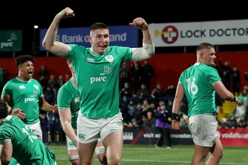 Ireland under-20s vs Italy under-20s: Ireland's Ben O’Connor celebrates at the final whistle. Photograph: Ben Brady/Inpho