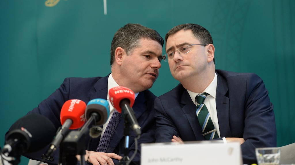 Policy dilemmas: the Minister for Finance, Paschal Donohoe, consulting with his chief economist, John McCarthy, earlier this year. Photograph: Dara Mac Donaill