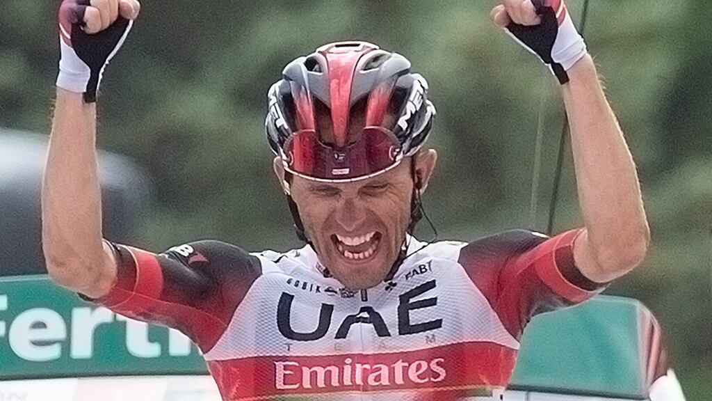Team UAE Emirates rider Rafal Majka celebrates winning the 15th stage of the La Vuelta. Photograph: Jorge Guerrero/AFP via Getty Images