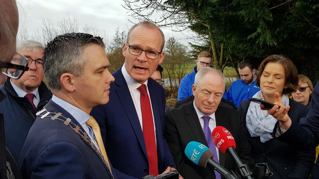 Tánaiste Simon Coveney (centre) and Minister of State Michael Ring with Fine Gael candidates for Tipperary, Garret Ahearn and Mary Newman, in Golden Co Tipperary on Wednesday. Photograph: Barry Roche