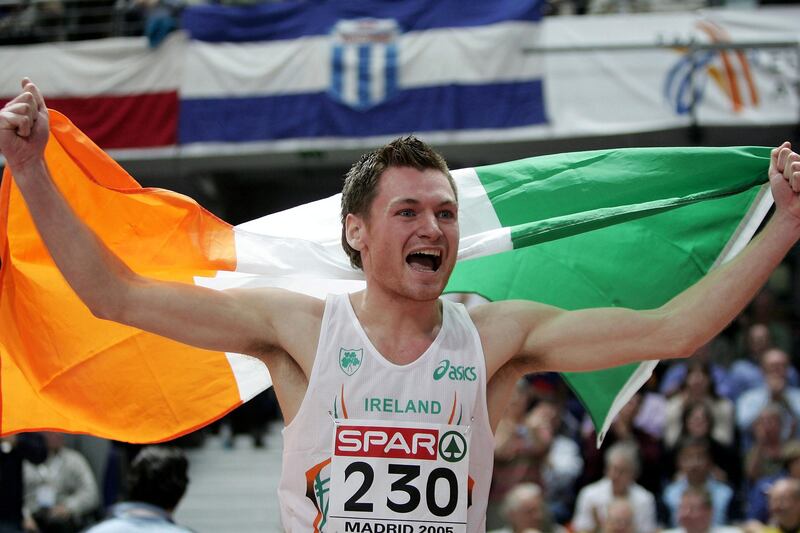 David Gillick of Ireland celebrates winning the 400m final in 2005. Photograph: Inpho/Getty Images