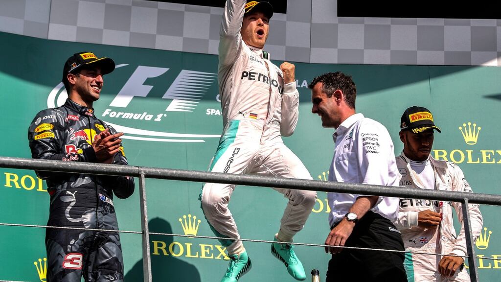 German Formula One driver Nico Rosberg of Mercedes AMG GP celebrates winning the 2016 Formula One Grand Prix of Belgium yesterday. Photograph: Srdjan Suki/Epa