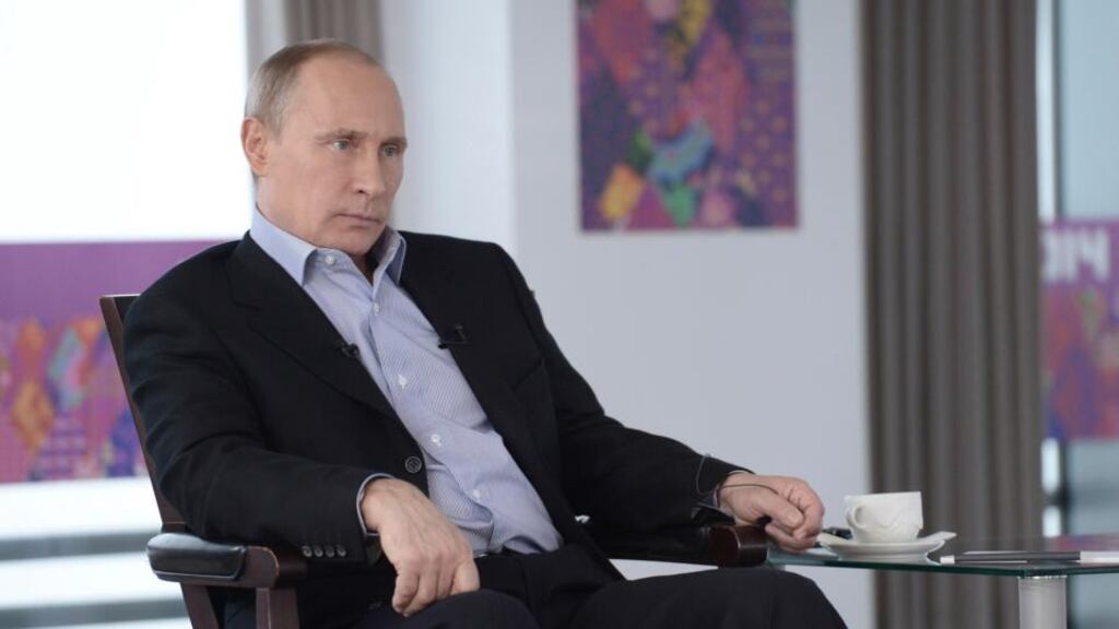 Russian president Vladimir Putin listens to a journalist’s question during a televised news conference in Sochi today. Photograph: Alexei Nikolsky/RIA Novosti/Kremlin/Reuters.