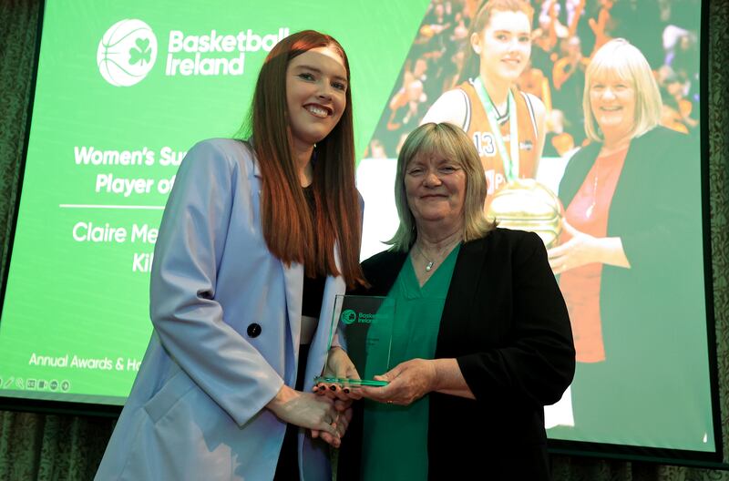 Claire Melia is presented with the 2024 Women’s Super League Player of the Year award at Basketball Ireland's annual awards ceremony last May. Photograph: Dan Sheridan/Inpho