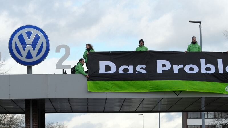 Greenpeace activists demonstrate at the entrance to the Volkswagen (VW) plant in Wolfsburg, central Germany. Photograph: Getty