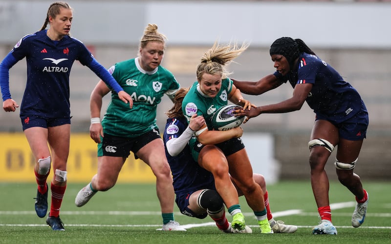 Ireland's Cliodhna Moloney and Aoife Dalton in action against France's Pauline Bourdon Sansus and Seraphine Okemba during this year's Six Nations. Photograph: Ben Brady/Inpho