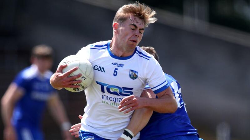 Waterford’s Brian Looby and Dermot Malone of Monaghan in action during the the All-Ireland SFC Round 2 qualifier at Fraher Field. Photograph: Bryan Keane/Inpho
