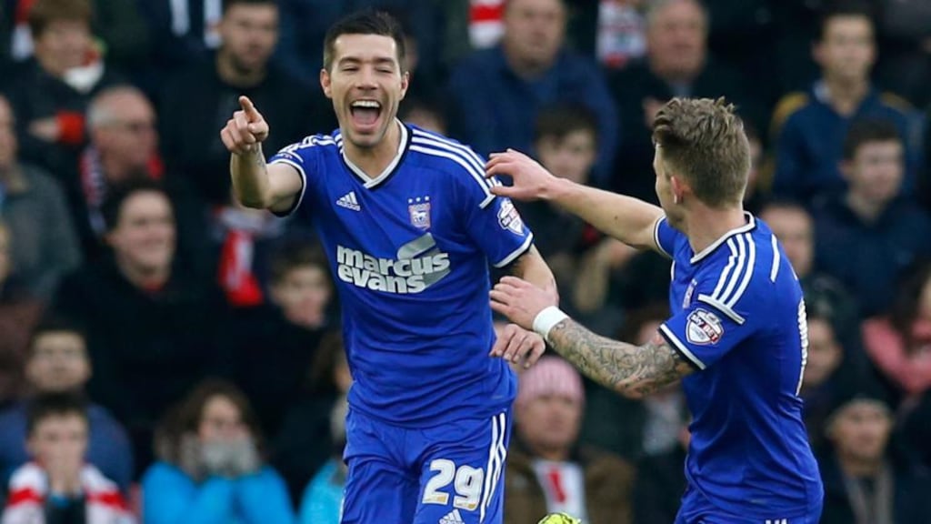 Darren Ambrose of Ipswich (left) celebrates with teammate Luke Hyam of Ipswich after scoring the opening goal against Southampton. Photograph: Steve Bardens/Getty Images