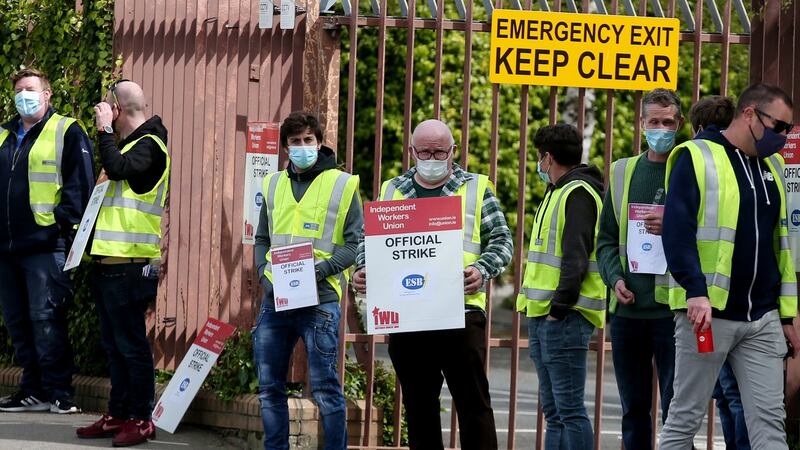 ESB technicians belonging to the Independent Workers Union on strike outside the ESB South Lotts depot in Dublin. Photograph: Laura Hutton