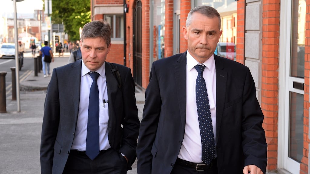 Kevin Lunney and Liam McCaffrey (right) leaving the public inquiry into Quinn Insurance’s collapse at Blackhall Place in Dublin on Tuesday. Photograph: Dara Mac Dónaill/The Irish Times