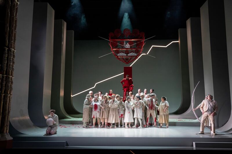 William Tell: Amy Ní Fhearraigh, David Ireland and Brett Polegato with the INO chorus in William Tell. Photograph: Pat Redmond