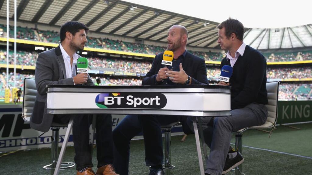 Craig Doyle, BT Sport rugby presenter talks to pundits Lawrence Dallaglio and Austin Healey during an Aviva Premiership match at Twickenham Stadium last September. British Telecom’s deal is in direct conflict with ERC’s renewed deal with BT’s broadband rivals Sky. Photograph: Getty Images