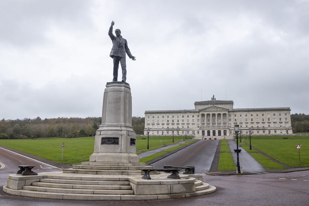 A general view of Carson Statue and Parliament Buildings at Stormont Estate, in Northern Ireland.