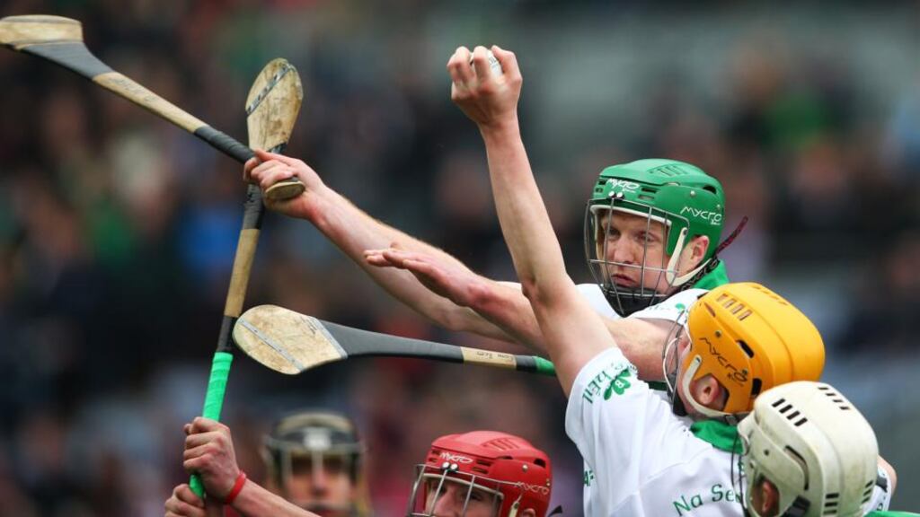 Ballyhale Shamrocks’ Henry Shefflin and  Eoin Reid go for a high ball in the All-Ireland club final against Kilmallock. They scored five points between them. Photograph: Cathal Noonan/Inpho