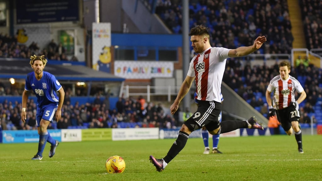 Scott Hogan has scored 14 times in 25 appearanceas for Brentford this season. Photograph: Nathan Stirk/Getty Images