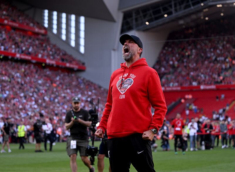 Jurgen Klopp reacts with the fans at the end of his final game as Liverpool boss at Anfield. Photograph: Andrew Powell/Liverpool FC via Getty Images