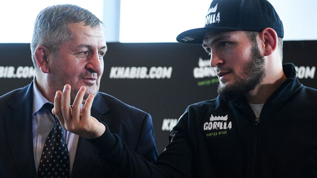 Khabib Nurmagomedov and and his father Abdulmanap pictured at a press conference in Moscow in 2018.Photograph:  Kirill Kudryavtsev/AFP via Getty Images