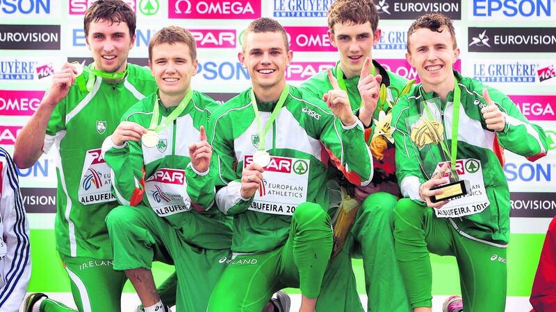 The Irish Men’s U23 team of, John Coghlan, David Rooney. David McCarthy, Michael Mulhare and Brendan O’Neill (missing, Ciaran O’Lionaird) celebrate winning gold in the European Cross Country Championships at Albufeira, Portugal in 2010. Photograph: Morgan Treacy/Inpho