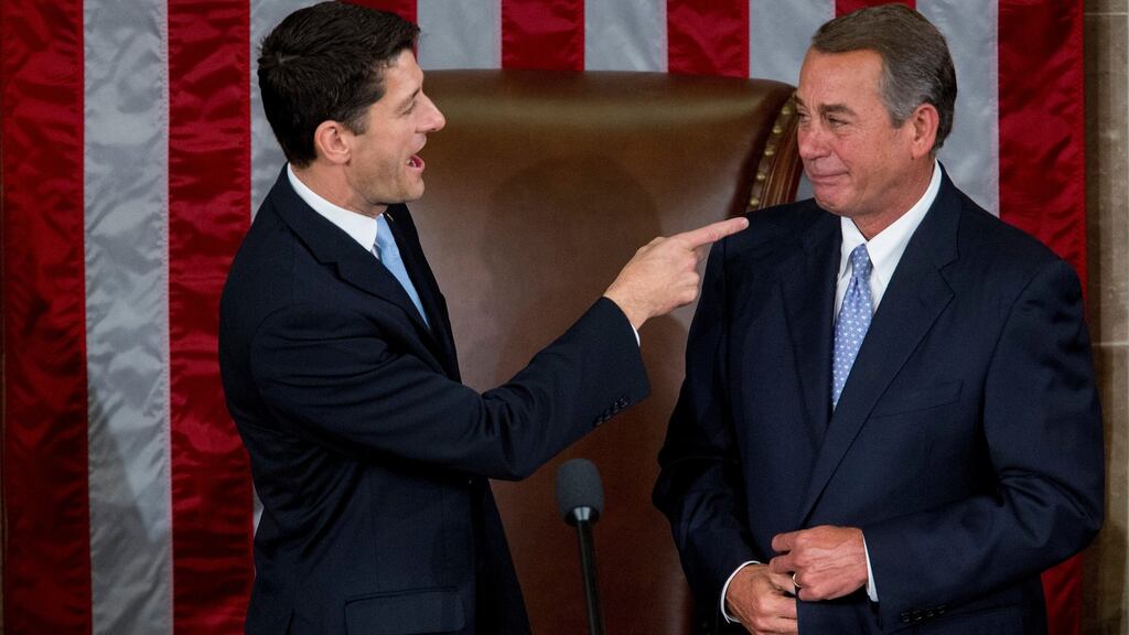 New Speaker of the House Paul Ryan with his predecessor John Boehner: at 45, Mr Ryan is the youngest Speaker in 140 years. Photograph: Andrew Harrer/Bloomberg