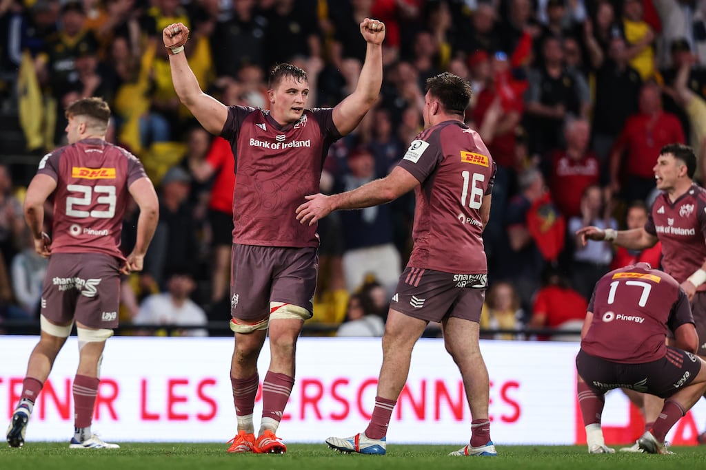 Munster's Gavin Coombes celebrates at the final whistle after beating La Rochelle. Photograph: Ben Brady/©INPHO
