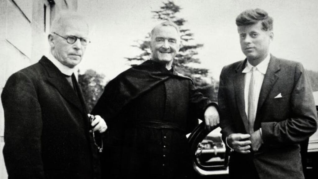 Fr Joseph Leonard, Fr William Purcell and  John F Kennedy at All Hallows College in September 1955.
