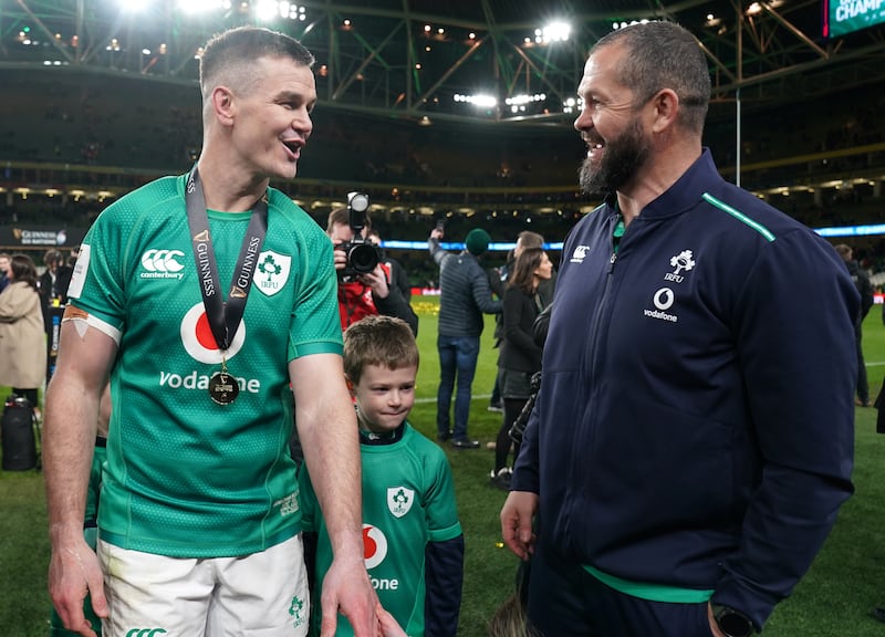 Ireland captain Johnny Sexton and head coach Andy Farrell after the Six Nations match at the Aviva Stadium. Photograph: Brian Lawless/PA