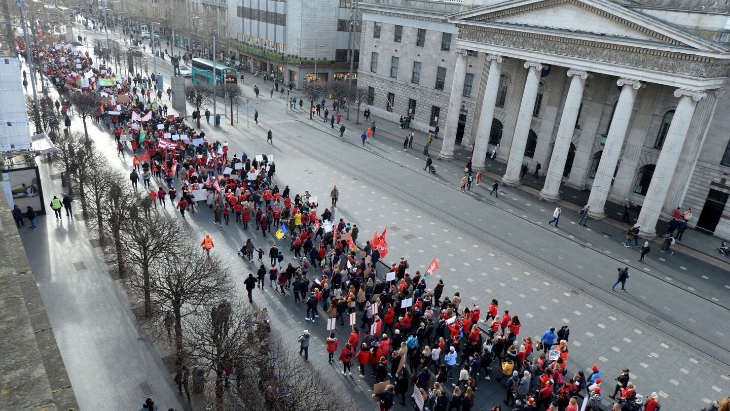 The childcare march passing down O’Connell Street, Dublin. Photograph: Alan Betson / The Irish Times