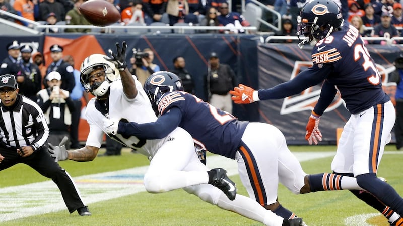 Ted Ginn of the New Orleans Saints is tackled by the Chicago Bears’ Prince Amukamara. Photograph: Nuccio DiNuzzo/Getty