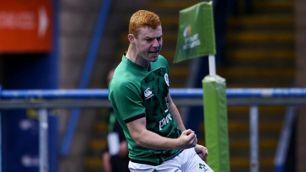 Ireland scrumhalf Nathan Doak celebrates scoring a try during the Under-20 Six Nations Championship match against Wales at Cardiff Arms Park. Photograph: Robbie Stephenson/Inpho