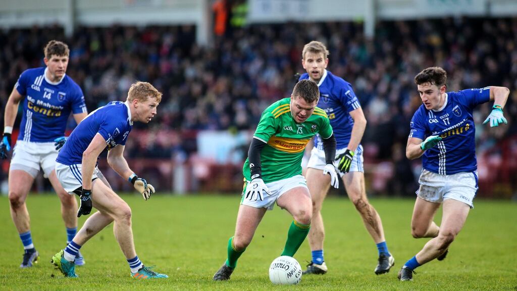 Glen’s Paul Gunning with Kieran Hughes, Darren Hughes, Donal Morgan and Jack McDevitt of Scotstown during the Ulster club SFC clash at Celtic Park, Derry. Photograph: Lorcan Doherty/Inpho