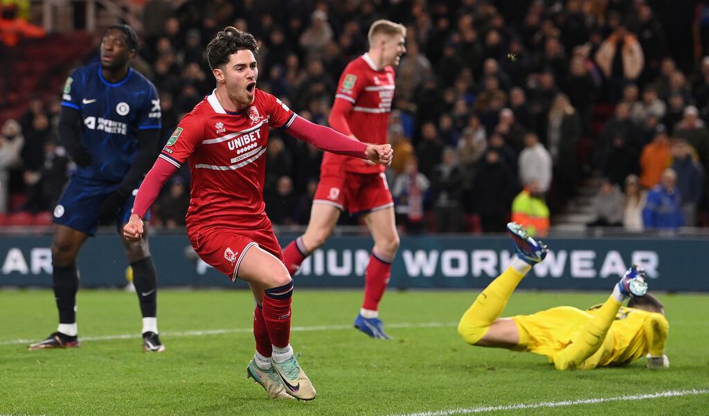 Middlesbrough player Hayden Hackney celebrates. Photograph: Stu Forster/Getty
