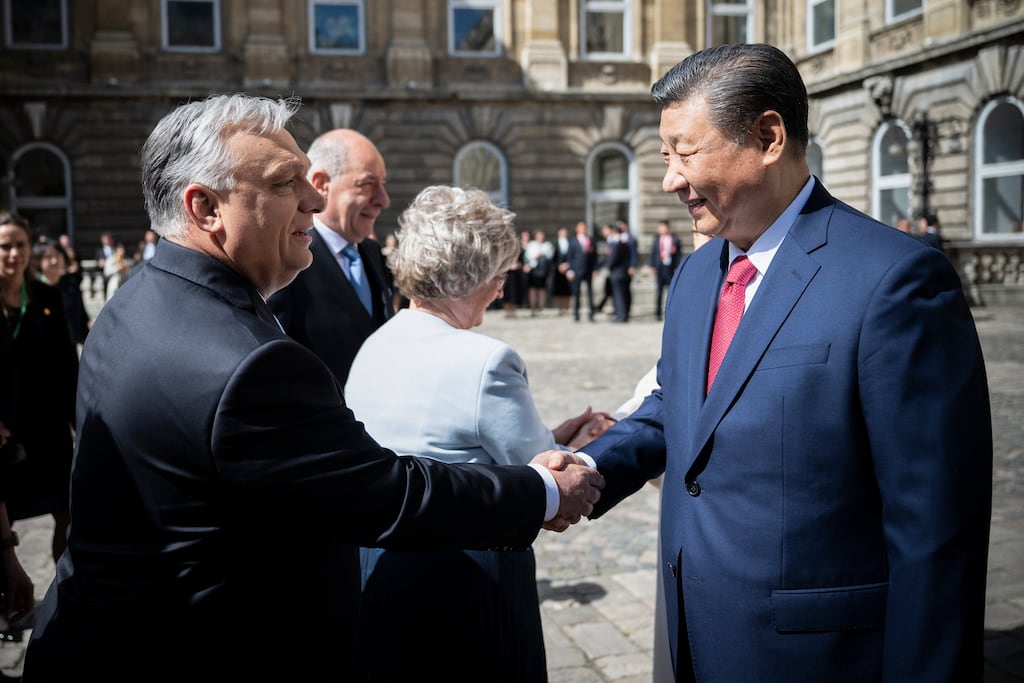 Hungarian prime minister Viktor Orban greets Chinese president Xi Jinping in Budapest in May. Photograph: Vivien Cher Benko/AFP via Getty Images