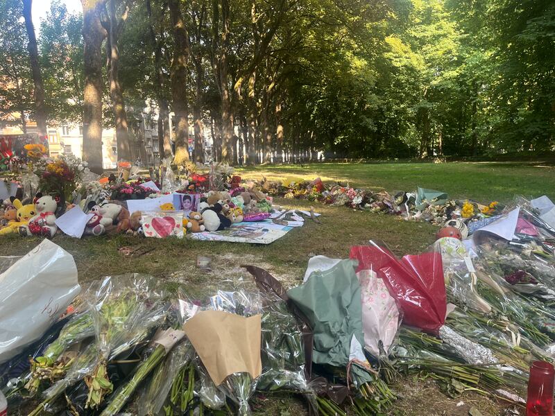 Flowers, teddy bears and pictures left at the spot Fabian (11) was run down by a pursuing police car in Brussels. Photograph: Jack Power