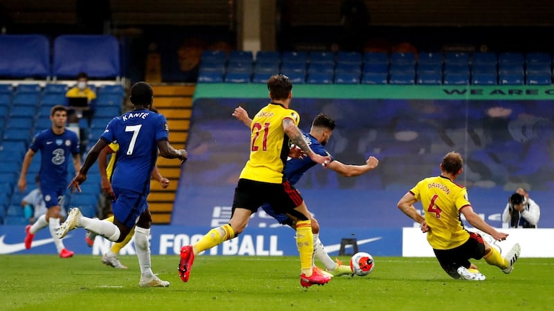 Olivier Giroud opens the scoring for Chelsea against Watford. Photograph: Matthew Childs/PA