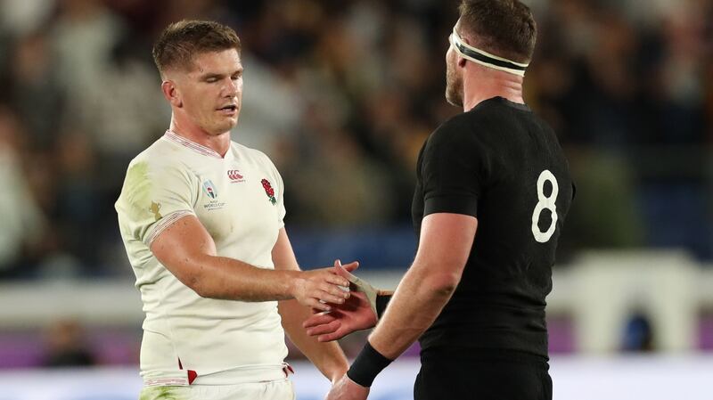 Owen Farrell with Kieran Read after England’s semi-ffinal win over the All Blacks. Photograph: Billy Stickland/Inpho