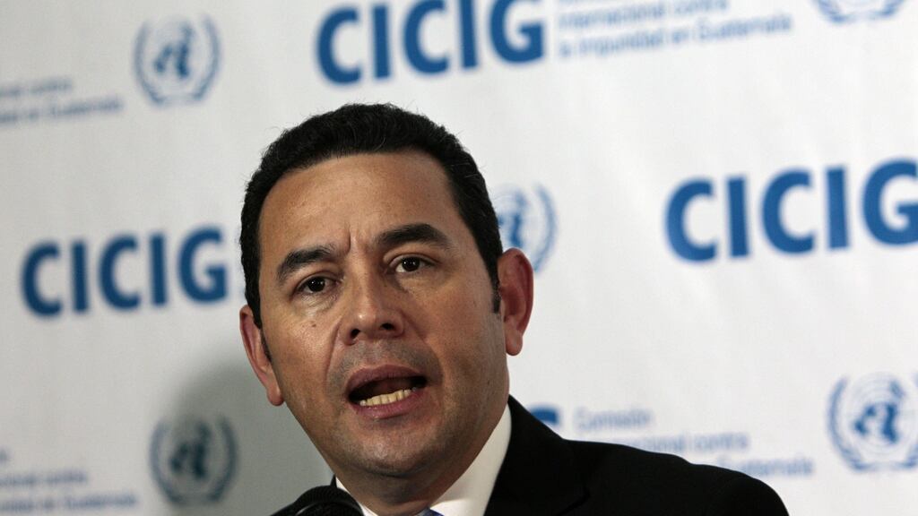 Guatemala’s president, Jimmy Morales, is backed by a powerful network of military and economic elites in seeking to oust the UN-backed anti-impunity group Cicig. Photograph: Esteban Biba/EPA