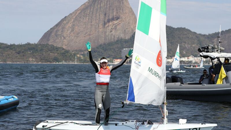 Ireland’s Annalise Murphy celebrates her silver medal in the women’s Laser Radial Medal race. Photograph: Martin Rickett/PA Wire